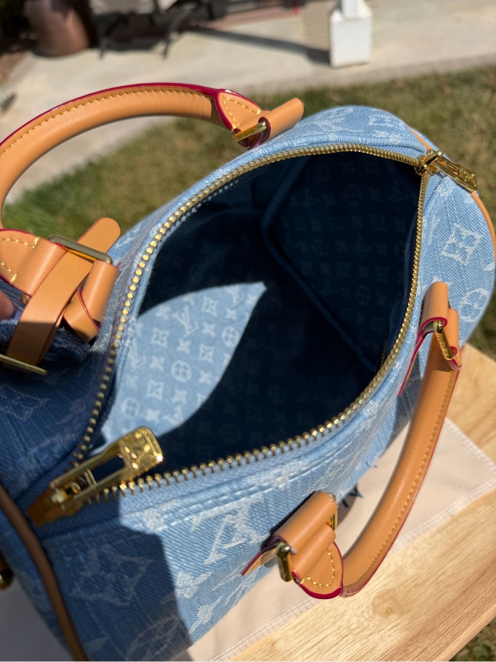 NEW LV Print Speedy Denim Monogram Satchel HandBag Blue Tan & Gold Lock Key - Picture 14 of 16
